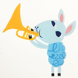 Piirretty lammas, joka soittaa trumpettia.