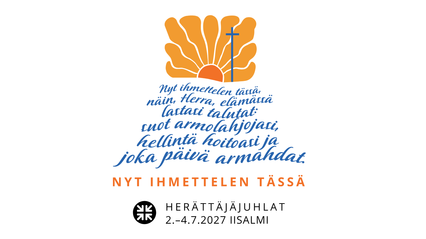 Virren sanat muodostuvat aalloiksi auringon kajastuksen alle. Auringossa näkyy risti.