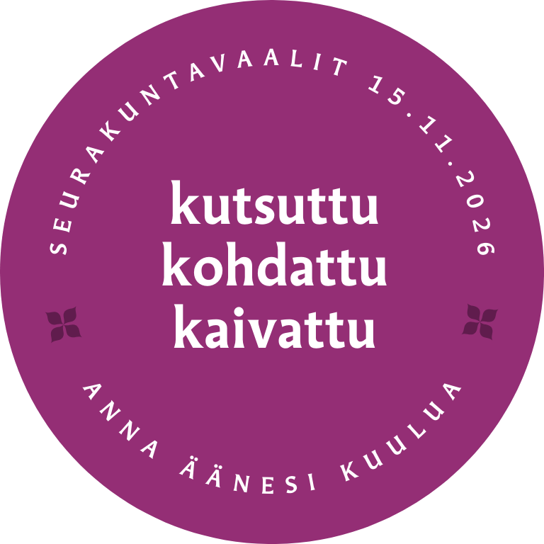 Ympyrässä teksti kutsuttu, kohdattu, kaivattu. Seurakuntavaalit.