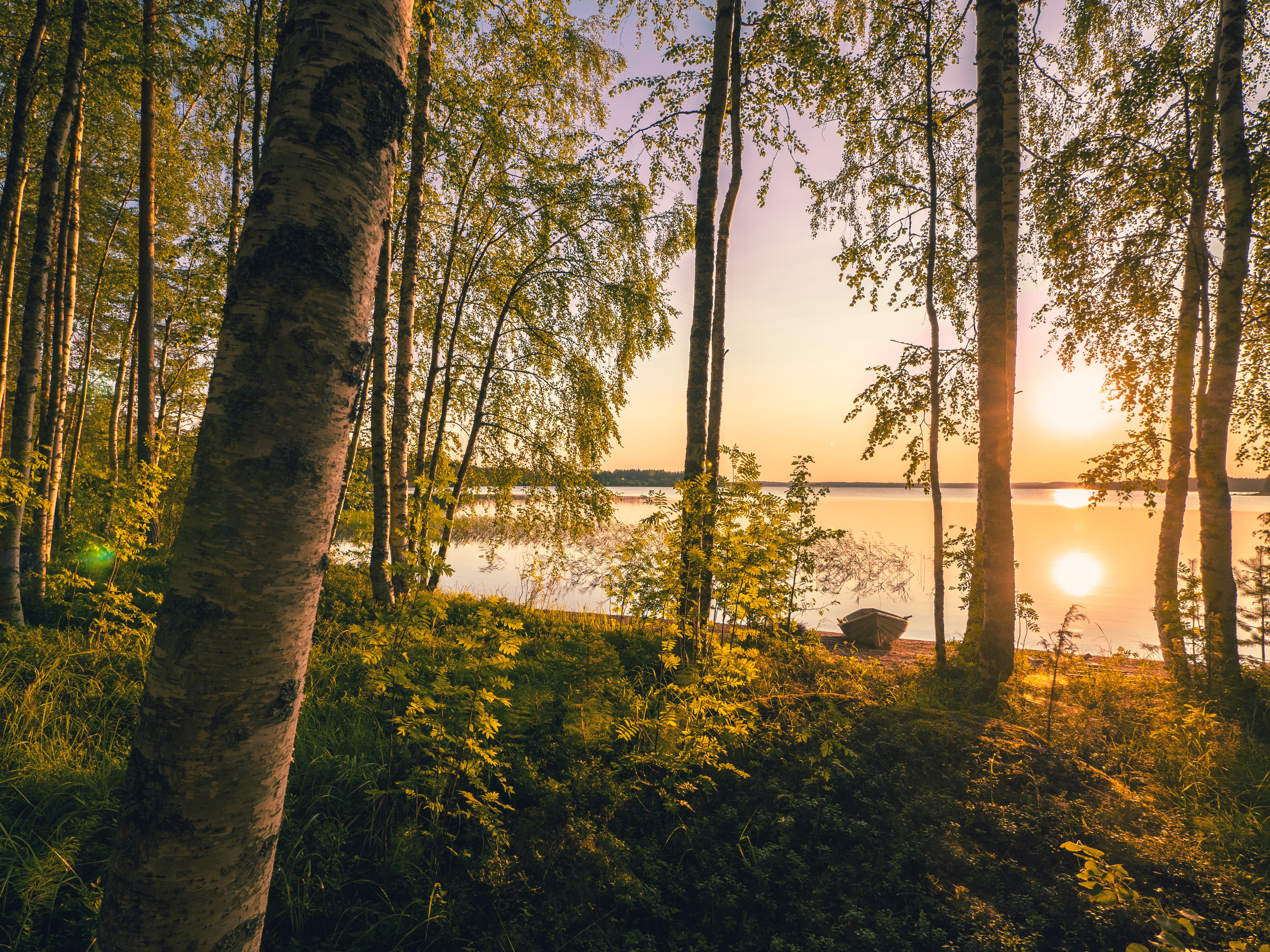 Kesäinen järvimaisema, aurinko paistaa, järven rannalla soutuvene.