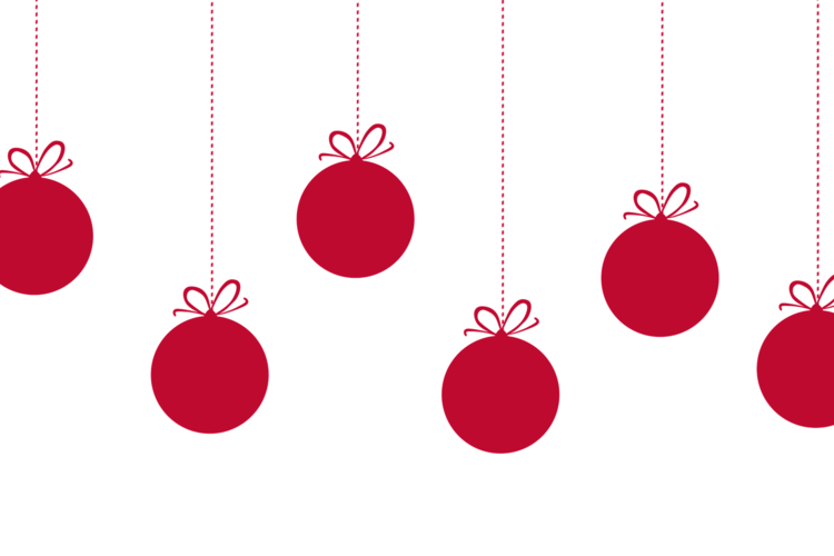 Punaisia joulupalloja roikkumassa langasta kuusi kappaletta.