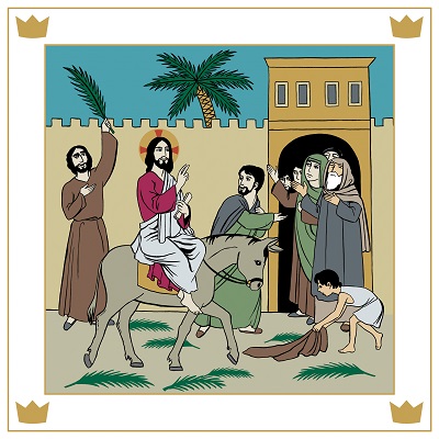 Messu Jeesus ratsastaa aasilla. Ihmiset tervehtivät häntä ja levittävät tielle palmunoksia. Taustalla Jerusalemin muuri ja portti.