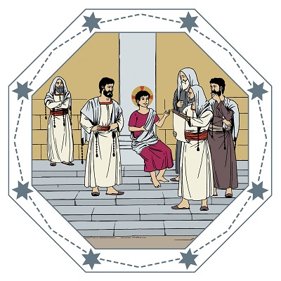 Sanajumalanpalvelus Jeesus istuu temppelirakennuksen portailla. Kolme miestä seisoo Jeesuksen ympärillä ja kuuntelee Jeesusta.