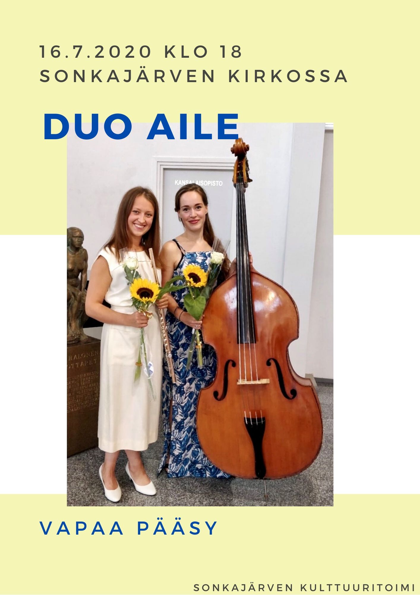 Duo Ailen konsertti Duo Ailen soittajat: kontrabasisti ja huilisti.