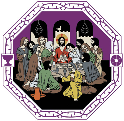 Jeesus murtaa leipää yhdessä opetuslasten kanssa yhteisellä aterialla