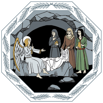 Jeesuksen haudassa enkeli ilmoittaa paikalle tulleille naisille, että Jeesus on ylösnoussut