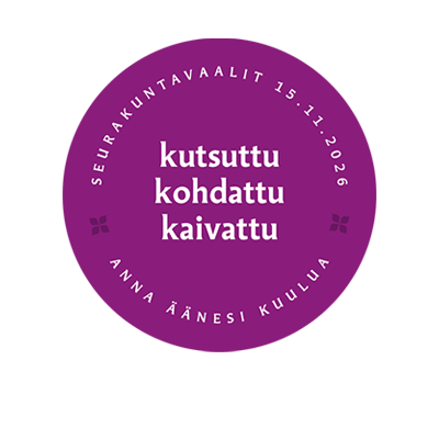 Ympyrä, jossa teksti: Kutsutt, kohdattu, kaivattu.